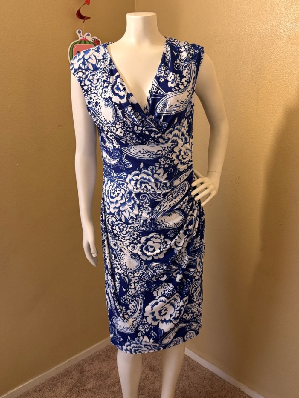 Blue & White Floral Wrap-Style Women's Dress